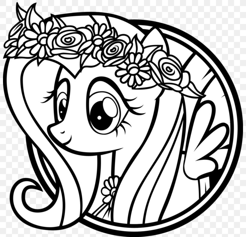 Pony Black And White Coloring Book Drawing Fluttershy, PNG, 800x790px,  Watercolor, Cartoon, Flower, Frame, Heart Download