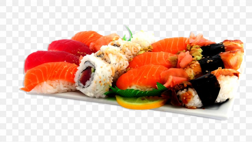 Sushi Japanese Cuisine Fried Prawn Chinese Cuisine Restaurant, PNG, 3780x2126px, Sushi, Appetizer, Asian Food, California Roll, Chinese Cuisine Download Free