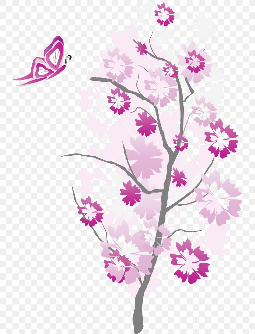 Creative Cartoon Purple Butterfly Branch, PNG, 739x1075px, Tree, Blossom, Branch, Cherry Blossom, Drawing Download Free