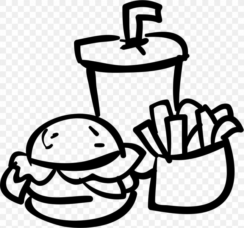 French Fries Fizzy Drinks Fast Food Hamburger Junk Food, PNG, 981x918px, French Fries, Artwork, Black And White, Cookware And Bakeware, Drinkware Download Free