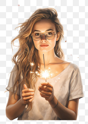Young Woman - Girl With Glasses Holding Sparkler PNG
