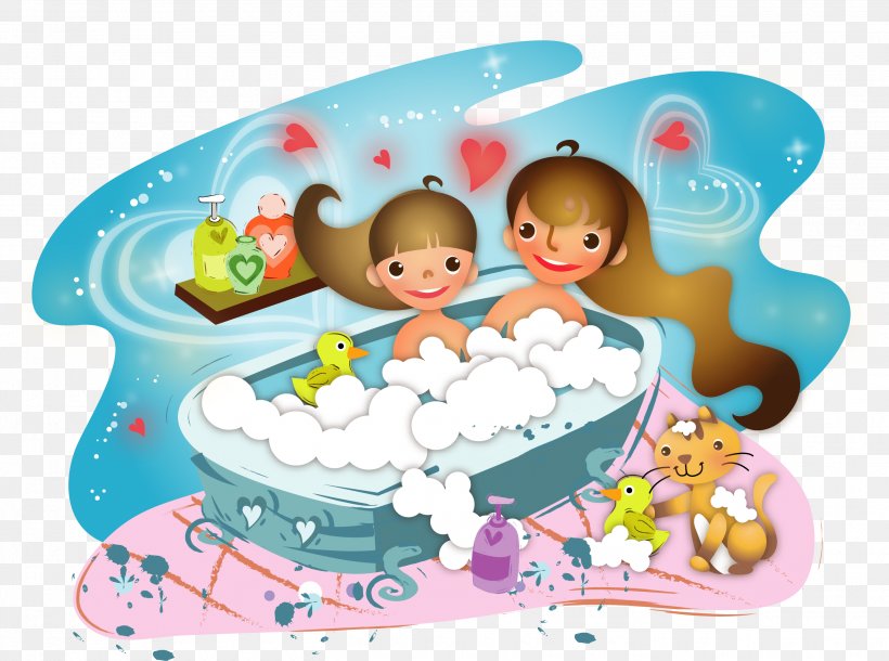 Bathing Illustration, PNG, 2650x1973px, Watercolor, Cartoon, Flower, Frame, Heart Download Free