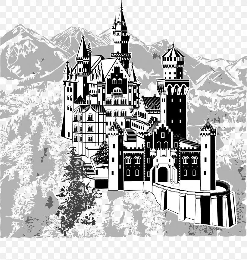 Neuschwanstein Castle Floors Castle Black And White, PNG, 1262x1328px, Neuschwanstein Castle, Architecture, Art, Black And White, Building Download Free