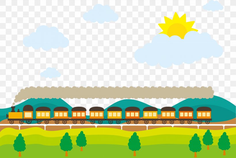 Train Rail Transport Adobe Illustrator, PNG, 4573x3057px, Train, Area, Daytime, Grass, Green Download Free