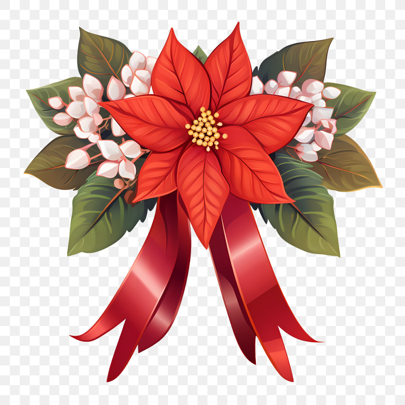 Poinsettia Flower - Red Poinsettia With Ribbon For Christmas Decoration PNG
