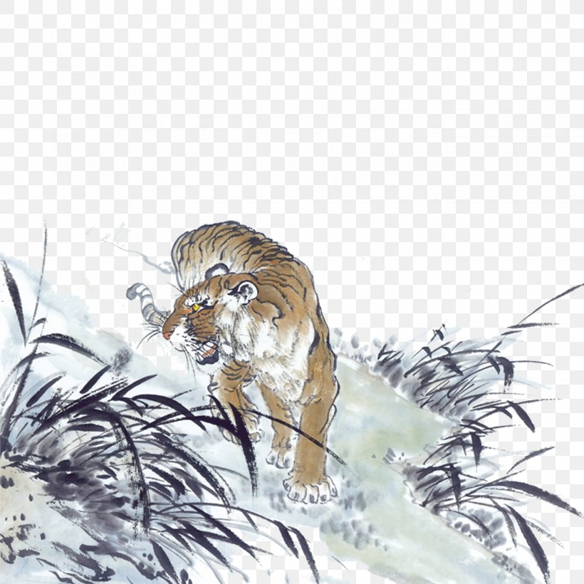 Tiger Ink Wash Painting Chinese Painting, PNG, 1417x1417px, Tiger, Art, Big Cats, Bird, Birdandflower Painting Download Free