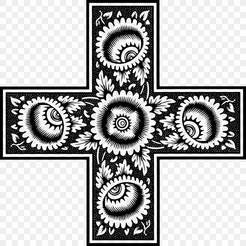 Black And White Monochrome Cross Visual Arts, PNG, 2400x2400px, Black And White, Art, Black, Cross, Flower Download Free