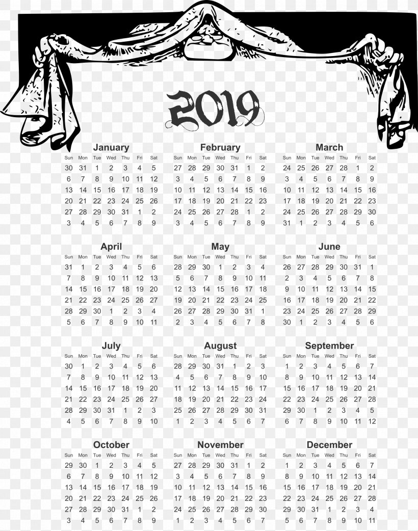2019 Yearly Calendar Downloadable In Comic Design., PNG, 2400x3050px, Computer Network, Black And White, Calendar, Data, Header Download Free