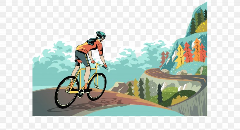 Bicycle Mountain Bike Cycling, PNG, 8010x4351px, Bicycle, Bicycle Accessory, Brand, Cartoon, Cycling Download Free