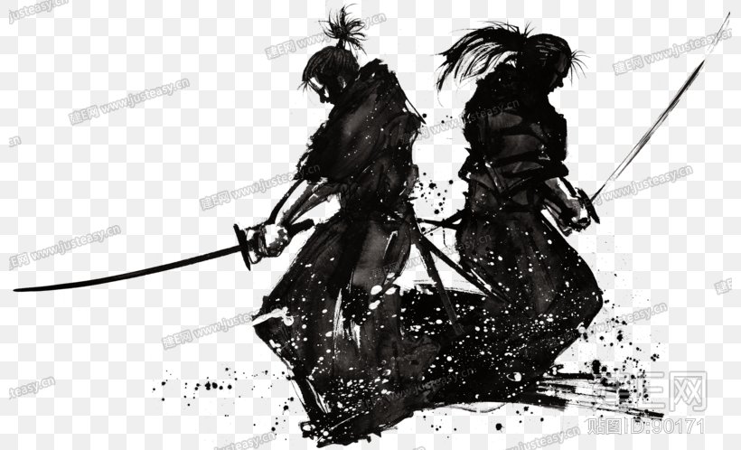 Samurai Ink Japan Kenjutsu, PNG, 800x498px, Samurai, Black And White, Editing, Fictional Character, Ink Download Free