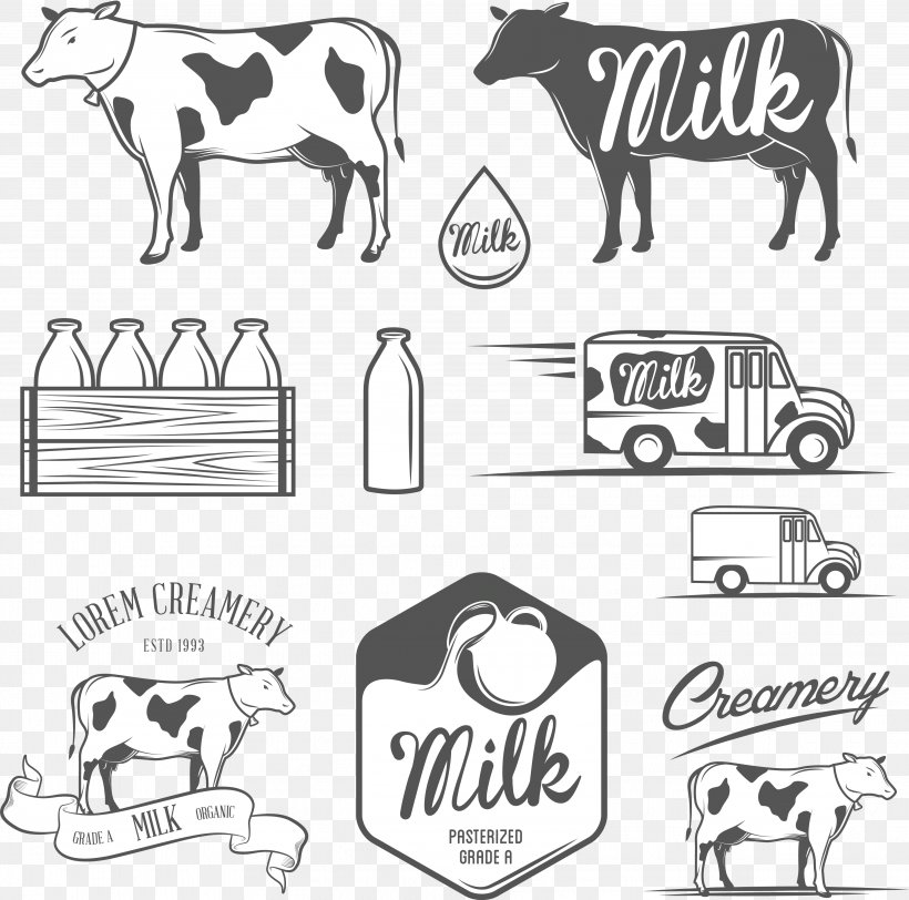 Holstein Friesian Cattle Milk Livestock Illustration, PNG, 3852x3819px, Milk, Area, Artwork, Black, Black And White Download Free
