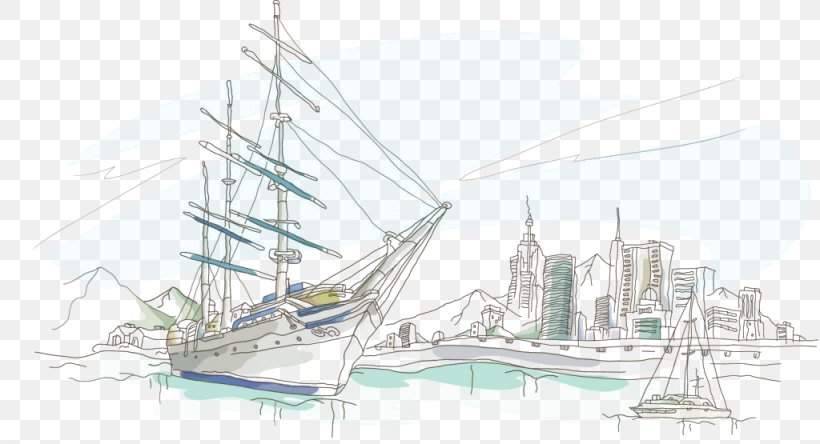 Drawing Desktop Wallpaper Waterfront Ship Sea, PNG, 1024x555px, Drawing, Art, Artwork, Baltimore Clipper, Barque Download Free