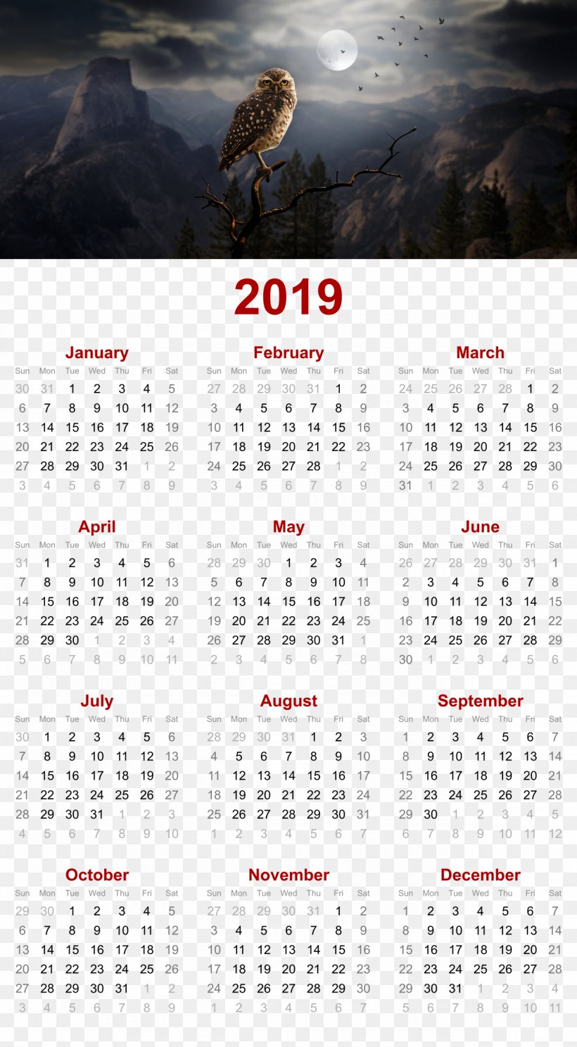 2019 Printable Calendar, PNG, 1280x2324px, 2018, 2019, Calendar, Calendaring Software, Diary Download Free