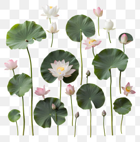 Lotus Flowers - Blooming Lotus Flowers With Green Leaves PNG