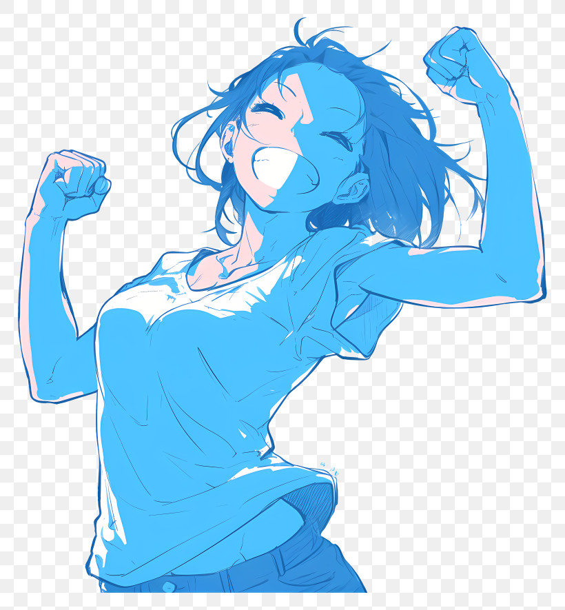 Excited Fist Pump - Blue Energetic Girl Illustration PNG