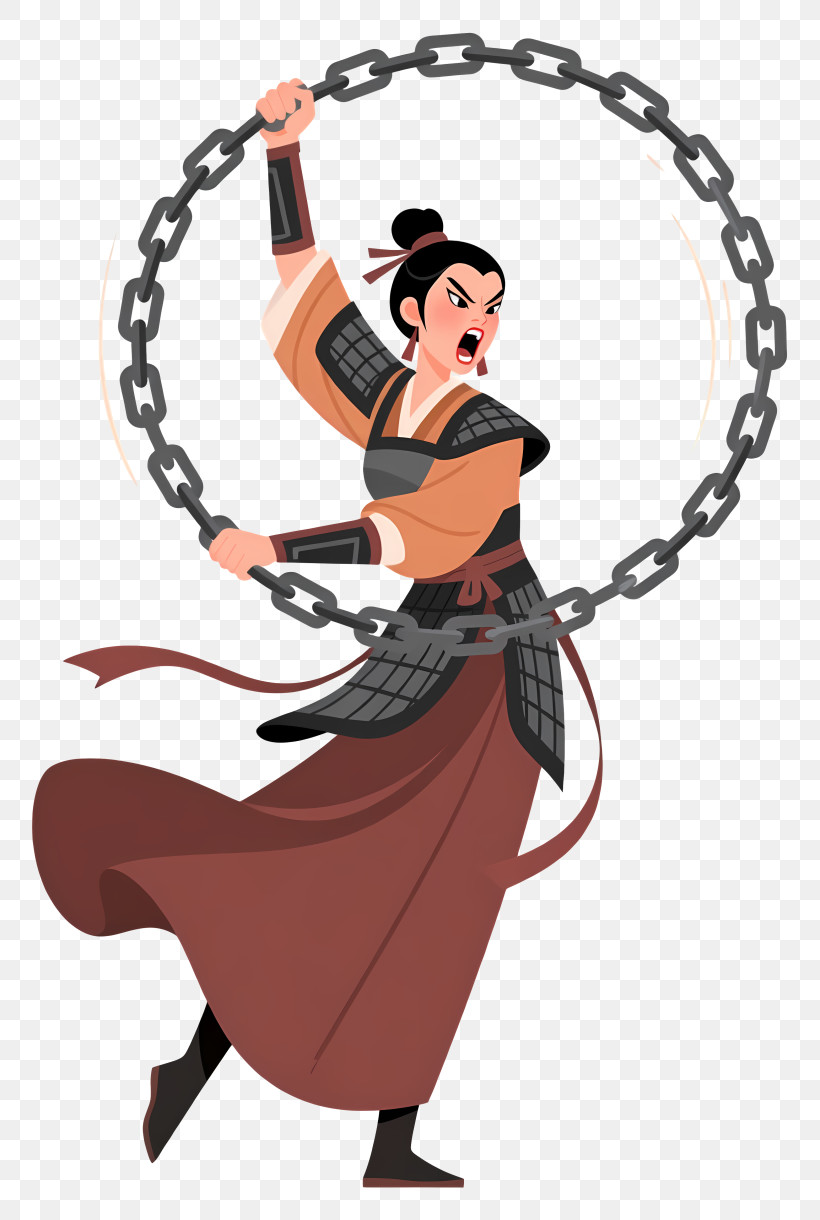 Ancient Chinese Female Knight - Fierce Armored Woman Swinging Chain PNG