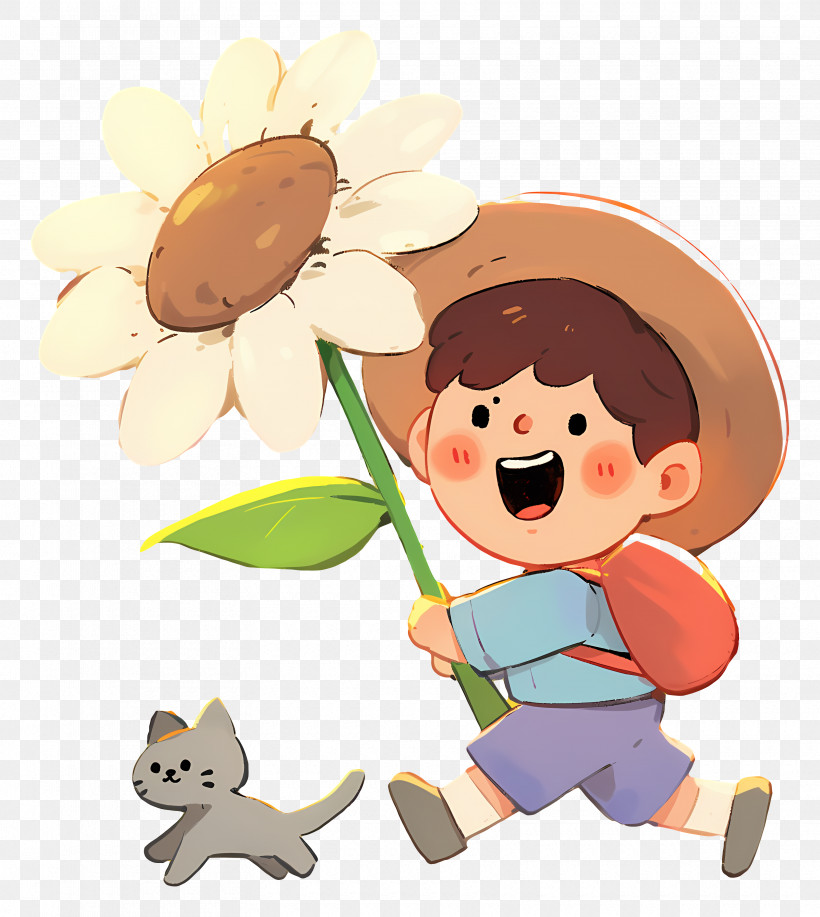 Preschooler - Boy Holding A Flower With A Cat Cartoon PNG