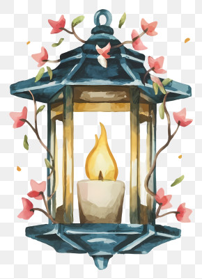 Watercolor Illustration - Vintage Lantern With Candle And Flowers PNG