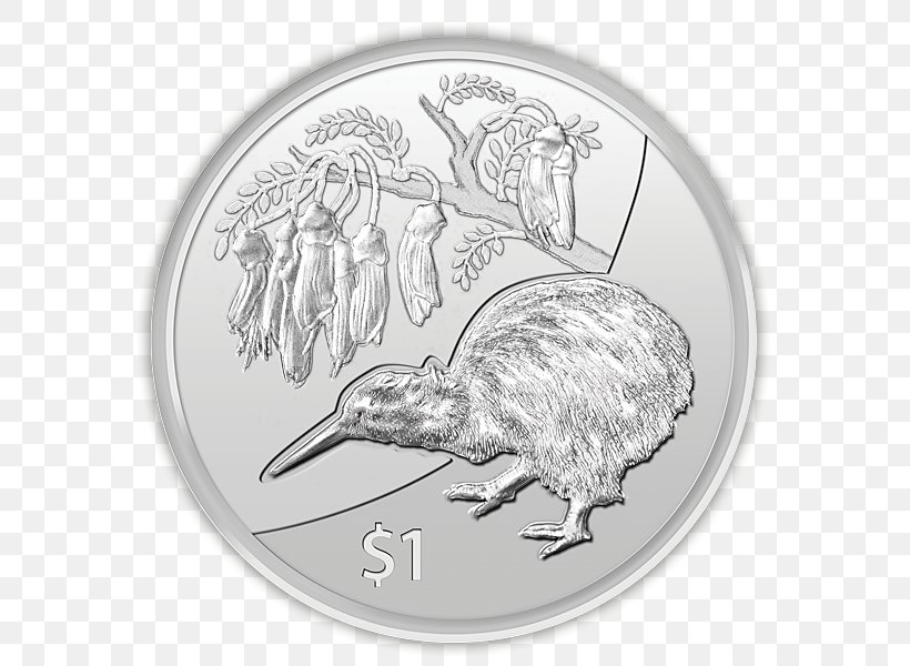 New Zealand Silver Coin Silver Coin Bullion Coin, PNG, 600x600px, New Zealand, Beak, Bird, Black And White, Bullion Download Free