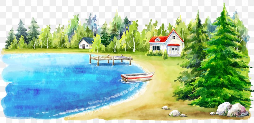 Watercolor Painting Fukei Beach Illustration, PNG, 1000x488px, Watercolor Painting, Animation, Beach, Cartoon, Fir Download Free