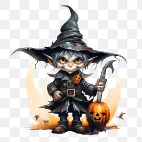 Halloween Wizard - Halloween Witch Character Holding Pumpkin PNG