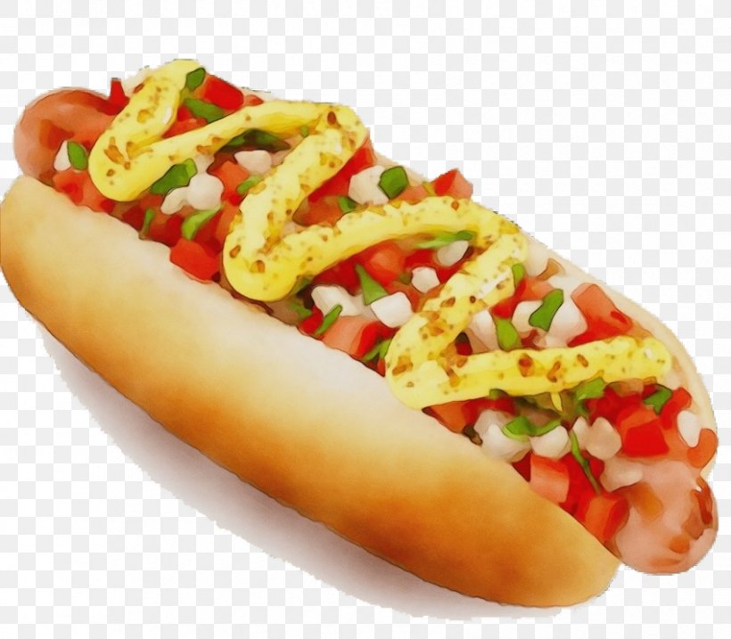 Food Fast Food Hot Dog Chili Dog Hot Dog Bun, PNG, 850x744px, Watercolor, Chicagostyle Hot Dog, Chili Dog, Cuisine, Dish Download Free