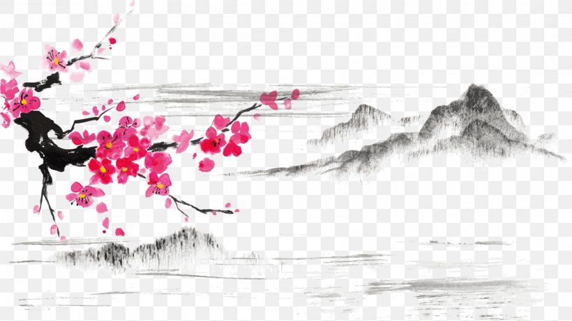 Japanese Art Ink Wash Painting Japanese Painting Cherry Blossom, PNG