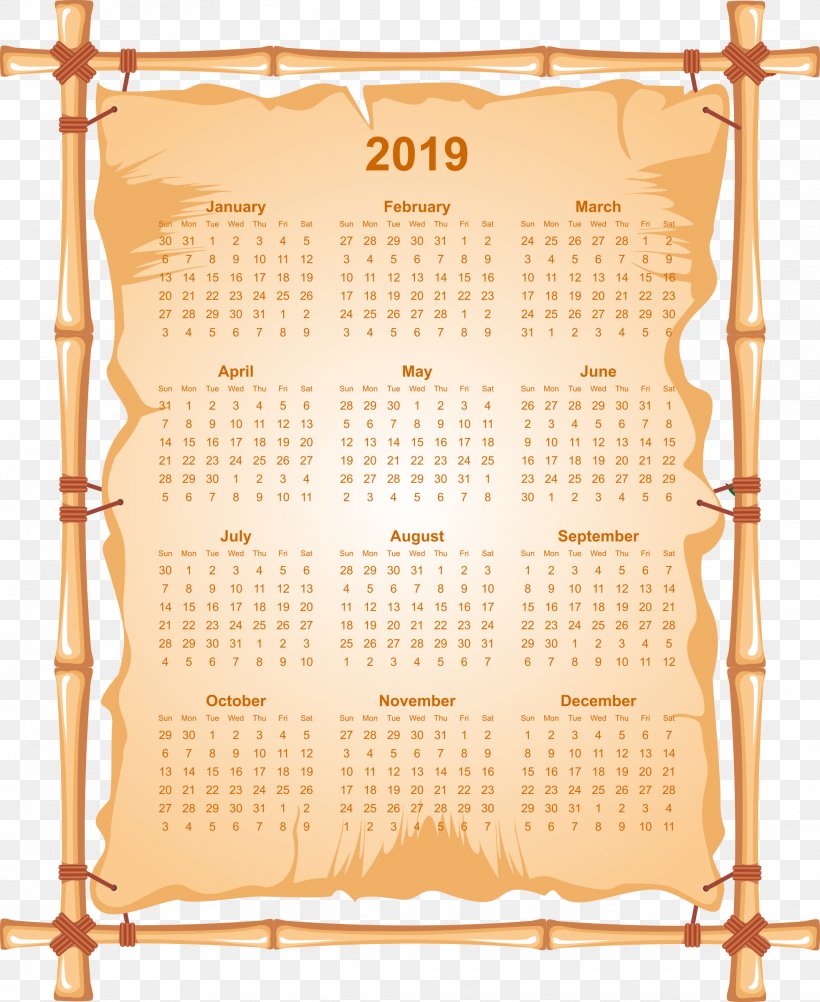 2019 Calendar Full Page With Bamboo Frame., PNG, 1964x2400px, Bamboo, Calendar, Picture Frames Download Free