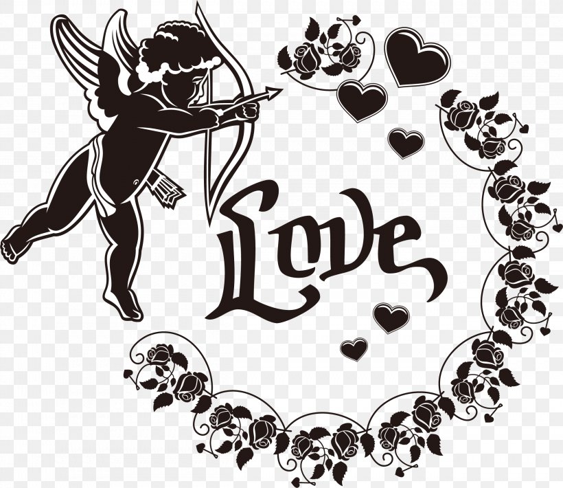 Decorative Silhouettes Cupid Heart Clip Art, PNG, 2501x2168px, Decorative Silhouettes, Black And White, Bow And Arrow, Cupid, Heart Download Free