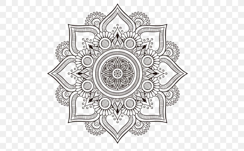 Mandala Coloring Book Clip Art, PNG, 522x507px, Mandala, Area, Art, Black And White, Buddhism Download Free