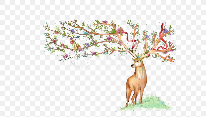Deer Watercolor Painting, PNG, 600x465px, Deer, Antler, Art, Branch, Cartoon Download Free