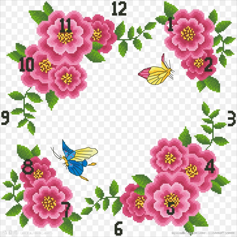 Cross-stitch Clock, PNG, 1024x1024px, Crossstitch, Annual Plant, Artificial Flower, Clock, Cut Flowers Download Free