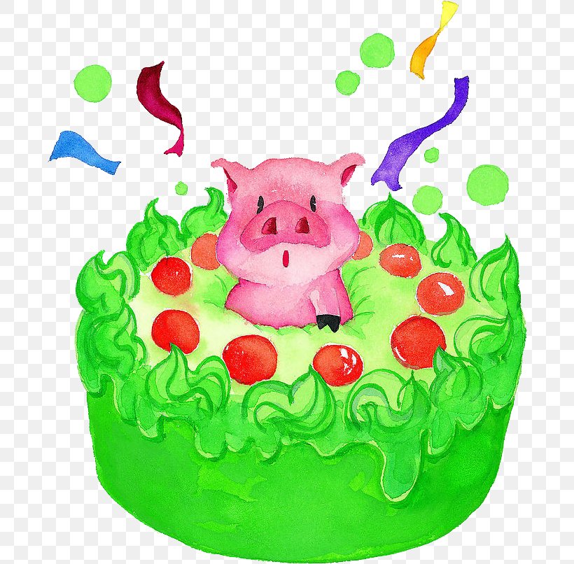 Domestic Pig Birthday Cake Watercolor Painting Drawing, PNG, 690x806px, Domestic Pig, Birthday, Birthday Cake, Cake, Cake Decorating Download Free