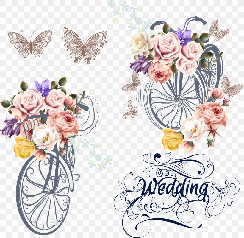 Wedding Invitation Bicycle Flower, PNG, 3268x3187px, Wedding Invitation, Bicycle, Butterfly, Clip Art, Cut Flowers Download Free
