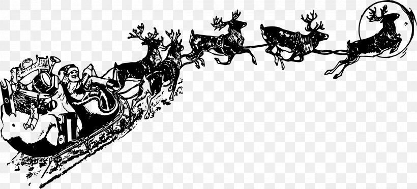 Santa Claus Reindeer Sled Christmas Clip Art, PNG, 2400x1091px, Santa Claus, Art, Artwork, Black And White, Christmas Download Free
