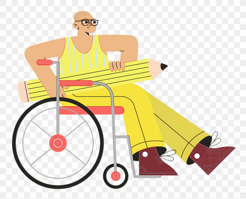 Cartoon Furniture Yellow Sitting Transport, PNG, 2500x2020px, Wheelchair, Behavior, Cartoon, Furniture, Line Download Free