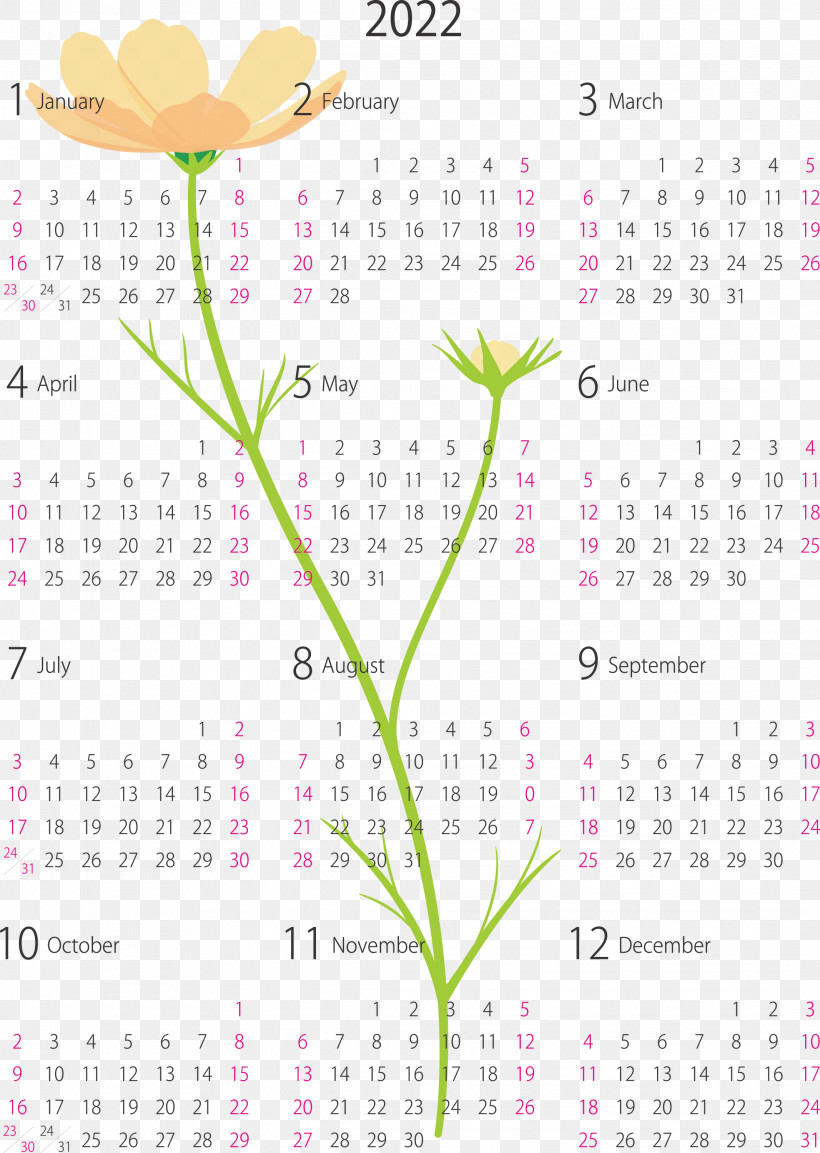 2022 Yearly Calendar Printable 2022 Yearly Calendar, PNG, 2133x3000px, Flower, Baby Announcement, Calendar System, Cuteness, Drawing Download Free
