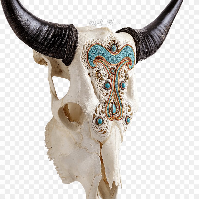 Cattle Skull XL Horns Turquoise Angel, PNG, 1000x1000px, Cattle, Bone, Color, Feather, Figurine Download Free