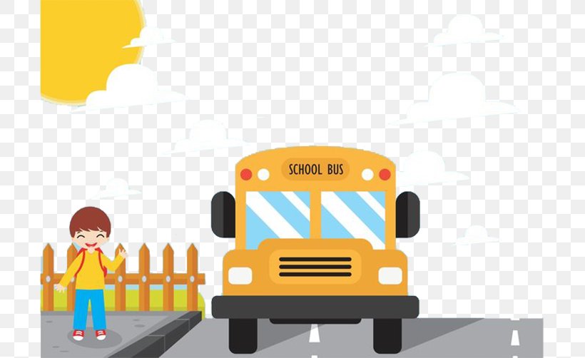 School Bus Yellow Flat Design, PNG, 717x502px, Bus, Brand, Bus Stop, Cartoon, Child Download Free