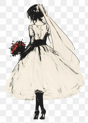 Newlywed - Elegant Bride Sketch With Bouquet PNG
