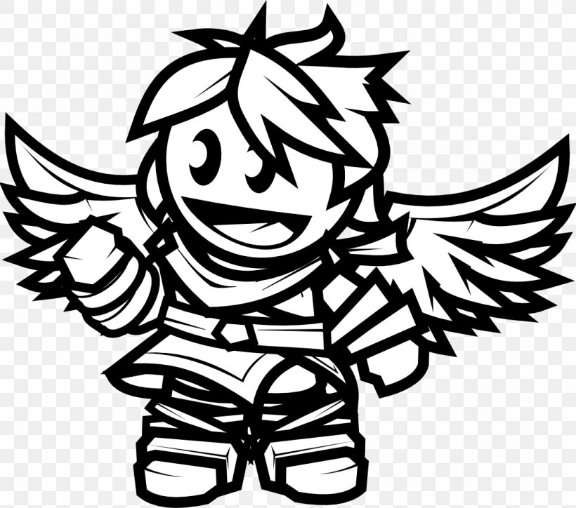 Kid Icarus: Of Myths And Monsters Kid Icarus: Uprising Black And White Super Smash Bros. Brawl, PNG, 1104x976px, Kid Icarus Of Myths And Monsters, Art, Artwork, Black And White, Character Download Free