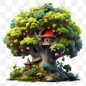 Fruit Tree - Fantasy Apple Tree House Illustration PNG