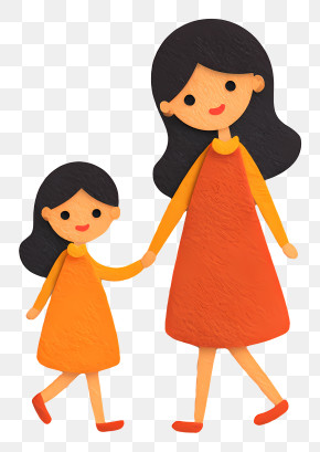 Mother And Child Hand In Hand - Mother And Daughter In Matching Orange Dresses PNG