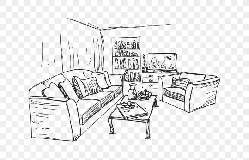 Living Room Couch Drawing Interior Design Services, PNG, 1291x832px, Living Room, Artwork, Bedroom, Black And White, Chair Download Free