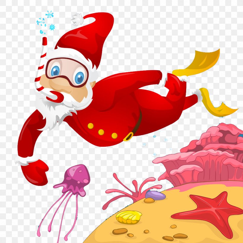 Santa Claus Scuba Diving Clip Art, PNG, 1000x1000px, Santa Claus, Art, Cartoon, Christmas, Christmas Decoration Download Free
