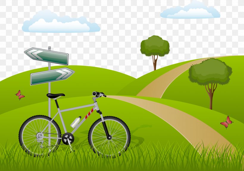 Euclidean Vector Bicycle Landscape Illustration, PNG, 3333x2336px, Bicycle, Art, Bicycle Accessory, Cycling, Ecosystem Download Free