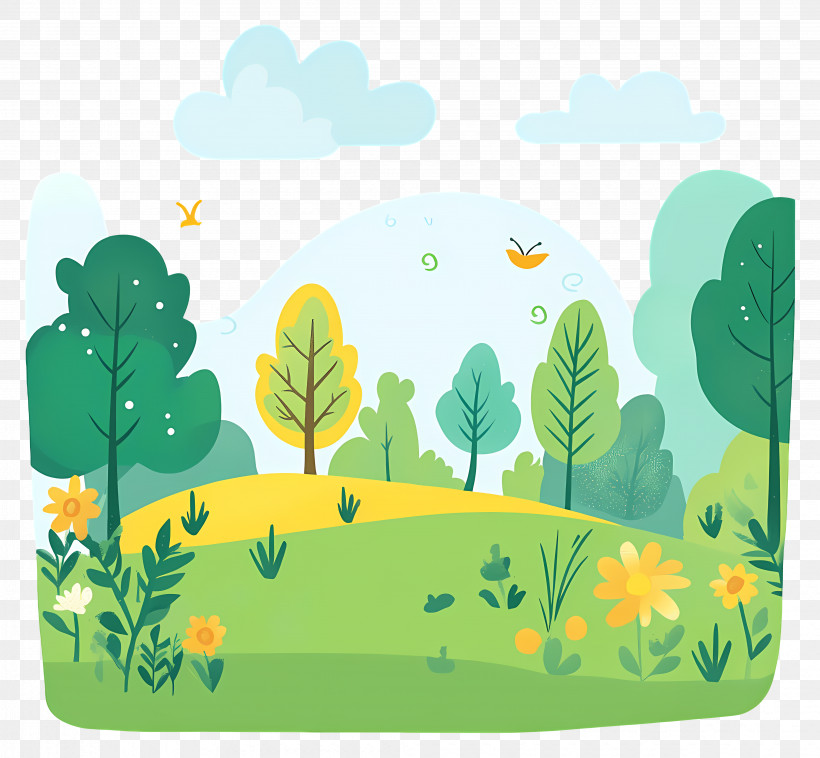 Forest Landscape - Cartoon Green Landscape With Trees And Flowers PNG