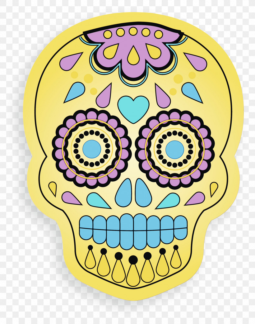Yellow Font Flower Meter, PNG, 2365x3000px, Skull, Flower, Meter, Mexico, Paint Download Free
