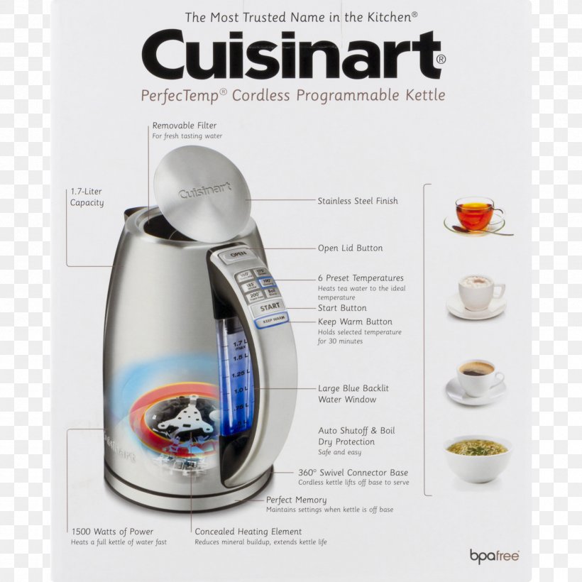 Electric Kettle Cordless Cuisinart Stainless Steel, PNG, 1800x1800px, Kettle, Bottle, Central Heating, Cordless, Cuisinart Download Free