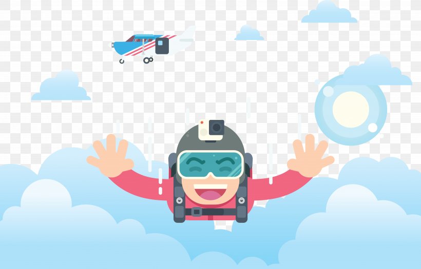Airplane Parachuting Cartoon Illustration, PNG, 5833x3741px, Airplane, Adventure, Animation, Blue, Brand Download Free